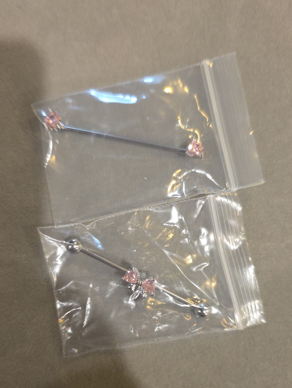 Set Of 2 Silver Barbell Industrial Earrings with Pink Gem Accents